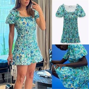 Zara Smocked Floral Mini Dress